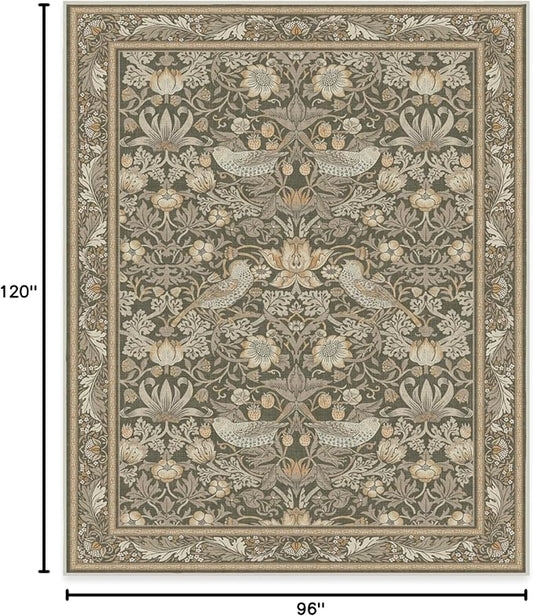 RUGGABLE x Morris & Co Washable Area Rug–Strawberry Thief Stone Gold 8x10, Stain-Resistant, Non-Slip–Large Machine Washable Rugs for Living Room, Bedroom, Hallway, Entryway & Office–with Standard Pad
