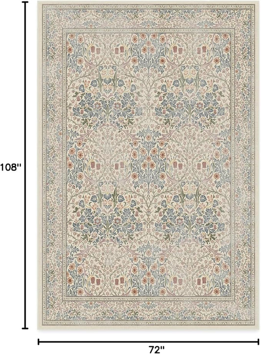 RUGGABLE x Morris & Co Washable Area Rug – Blackthorn Ivory Blue 6x9, Stain-Resistant, Non-Slip – Medium Machine Washable Rugs for Living Room, Bedroom, Hallway, Entryway & Office–with Cushioned Pad