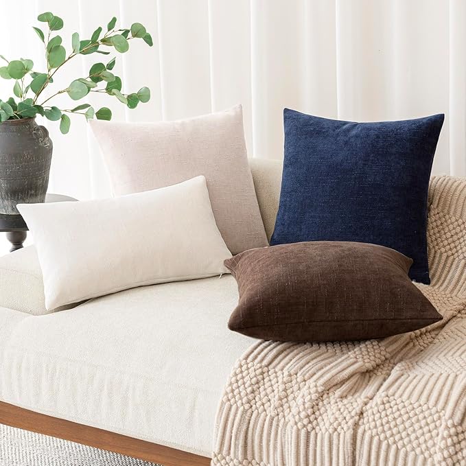 Foindtower Pack of 2 Soft Textured Chenille Throw Decorative Pillow Covers Square Accent Solid Cushion Cover Cozy Neutral Farmhouse Pillow Case for Couch Sofa Bedroom Living Room 18x18 Inch, Chocolate