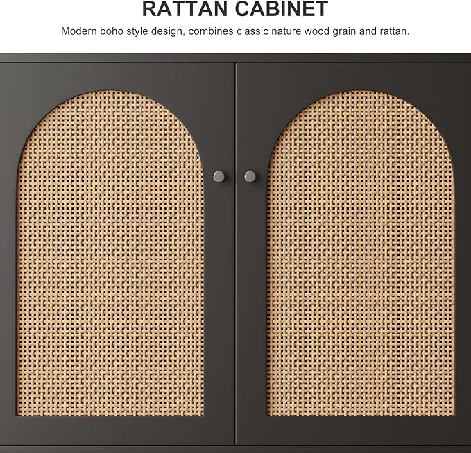 Rattan Storage Cabinet, 2-Door Boho Sideboard in Black, Adjustable Shelf, Elegant Rattan Buffet Cabinet with Storage for Stylish Home Organization 31.5" Black