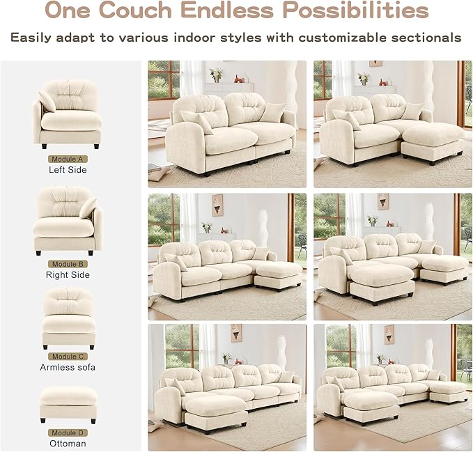 74" Loveseat L Shaped Sofa with Ottoman, Comfy Chenille Fabric Cloud Sectional Couch, Modern Upholstered Deep Seat Sofa with Armrest Pillow, Cloud Couch for Small Spaces Apartment, Beige