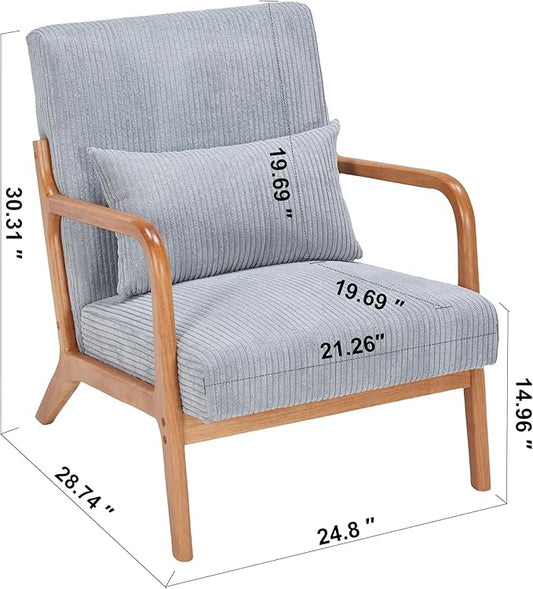Accent Chairs, Mid-Century Modern Chair with Pillow, Armchair with Solid Wood, Reading Relaxing Leisure Chair for Living Room(Light Grey)