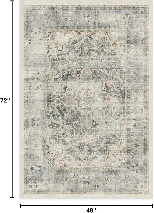 RUGGABLE Washable Vintage Area Rug – Sarrah Sage 4x6, Stain-Resistant, Non-Slip – Medium Machine Washable Rugs for Living Room, Bedroom, Hallway, Entryway & Office–with Standard Pad