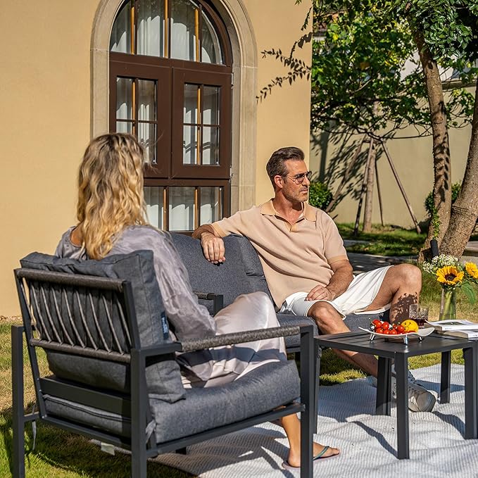 Sundale Outdoor 3 Pieces Patio Set Outdoor Metal Furniture Sets with 2 Armchairs and Side Table, Outdoor Single Sofa Set for Garden, Backyard, Porch, or Balcony, All-Weather Metal Chairs with Cushions