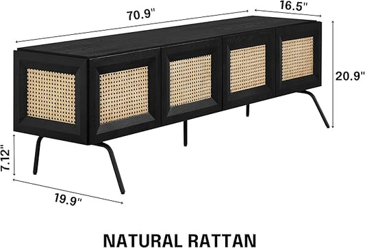 NTC Mossic TV Media Cabinet with 4 Doors for TVs, Entertainment Center with Natural Rattan, Metal Legs, Modern Storage Console for Living Room and Bedroom, Effortless Assembly, Burnt Black