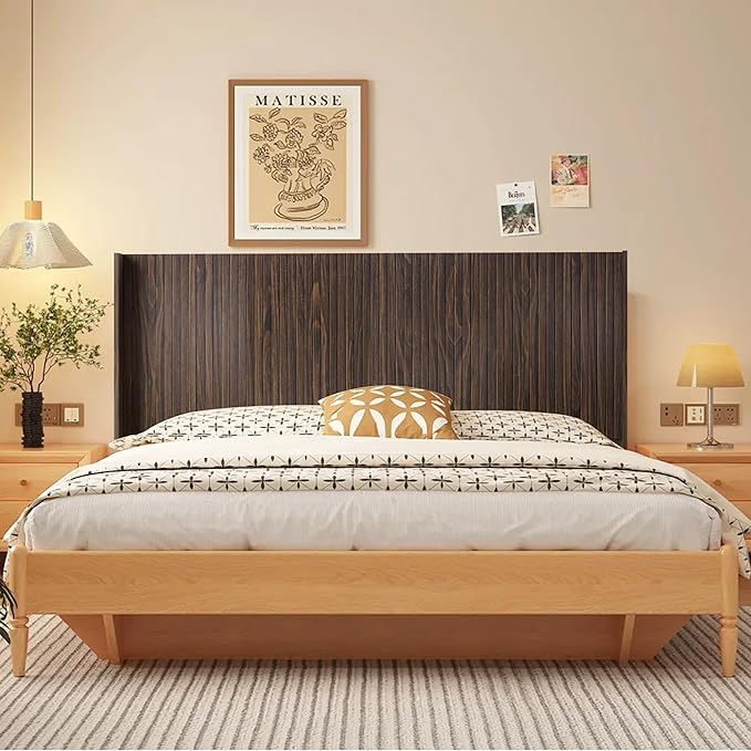 Wood Headboard, 64.5" Wide Headboard for Queen Size Bed, Wall Mounted Fluted Panel, Wingback Modern Headboards (Walnut, Queen)