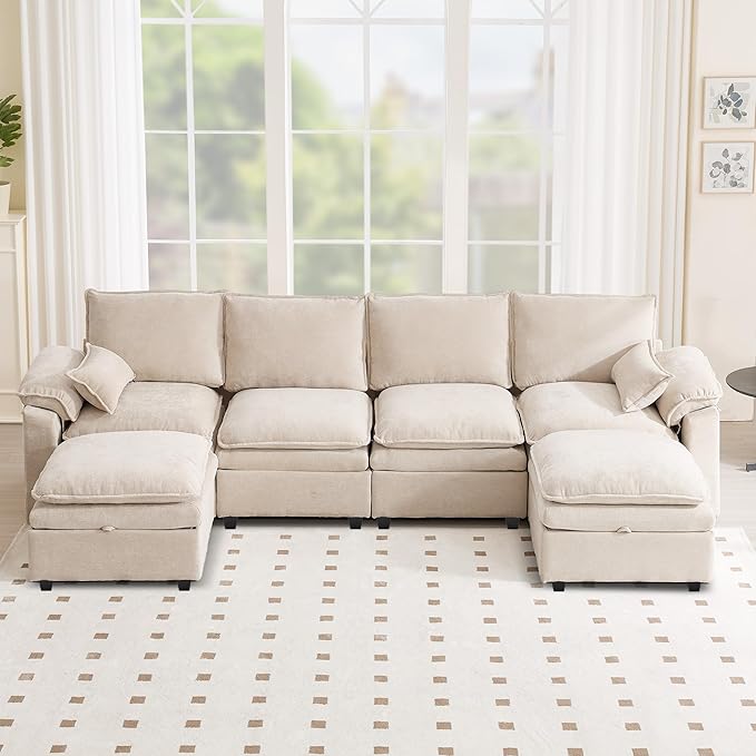 130" U Shaped Modular Sectional Sofa, Couch with Ottoman Storage, Chenille Cloud Couch with Plush Deep Seating for Living Room, Bedroom (6 Seat, Beige)