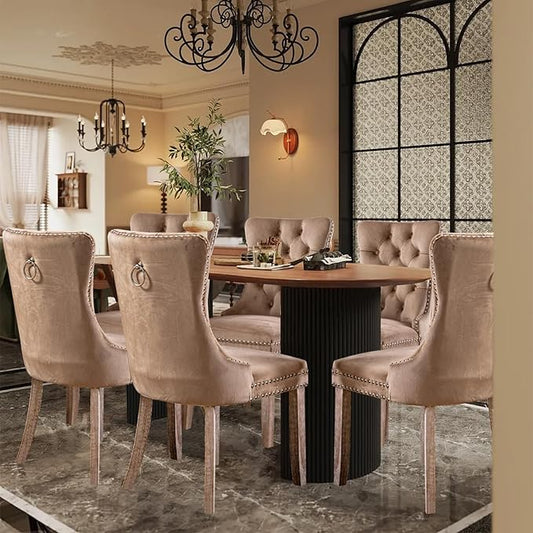 Velvet Upholstered Dining Chairs Set of 8, Modern Style Kitchen Side Chairs with Nailhead Trim and Wood Legs,Metal Pulling Ring for Dining Room Living Room(Khaki)