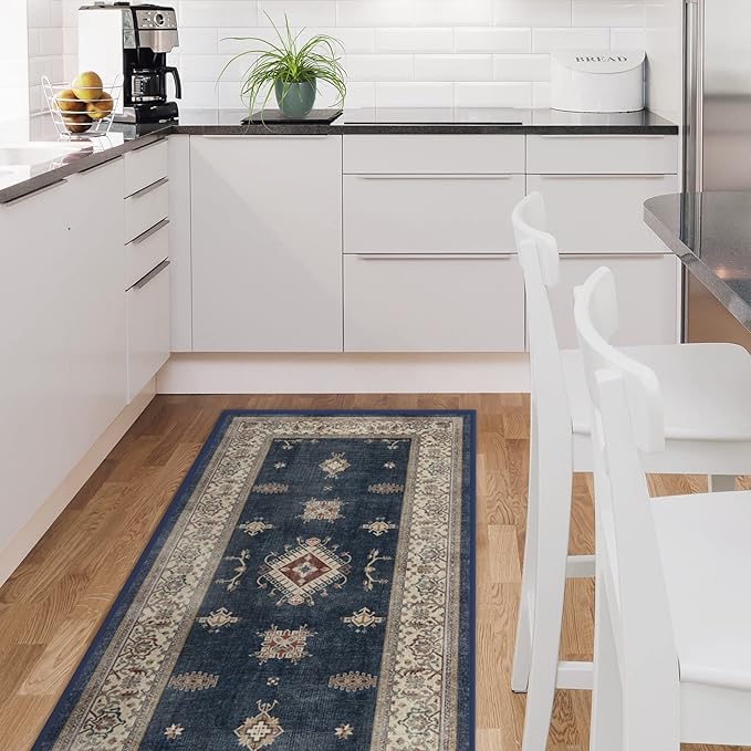 RUGGABLE Washable Vintage Area Rug – Verena Sapphire 8x10, Stain-Resistant, Non-Slip – Large Machine Washable Rugs for Living Room, Bedroom, Hallway, Entryway & Office–with Cushioned Pad