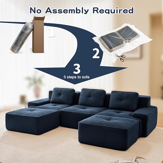 115.3” Blue Boneless Couches for Living Room, Modular Sectional Sofa with U-Shape Chaise, 3 Seater Comfy Upholstered Deep Seat Corduroy Fabric Cloud Couch No Assembly, Anti-Slip Design