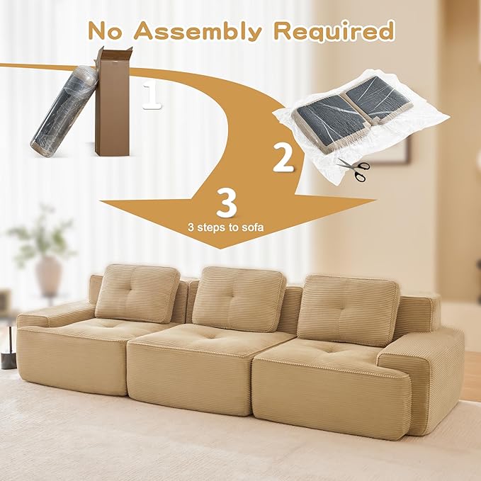 115.3” Camel Boneless Couches for Living Room, Modular Sectional Sofa, 3 Seater Comfy Upholstered Deep Seat Corduroy Fabric Cloud Couch No Assembly, Anti-Slip Design