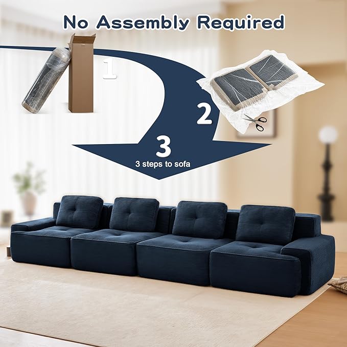 150.4” Blue Boneless Couches for Living Room, Modular Sectional Sofa, 4 Seater Comfy Upholstered Deep Seat Corduroy Fabric Cloud Couch No Assembly, Anti-Slip Design