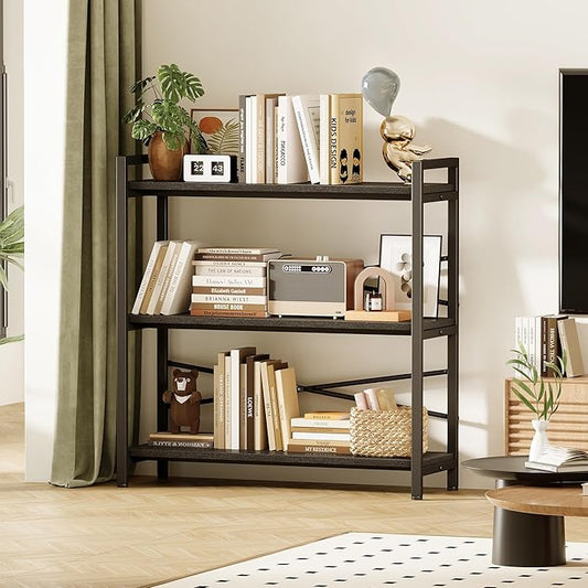 Book Shelf, 3 Tier Bookshelf 31.49" Width, Book Shelf Storage and Organization, Wooden and Metal Industrial Bookcase, Large Book Shelves for Home Living Room Bedroom Office Storage(Black)