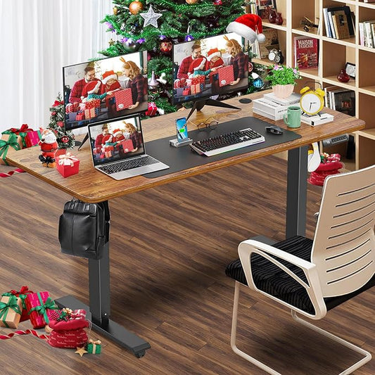 farexon Electric Standing Desk Adjustable Height, 55 x 24 Inch Sit Stand up Desk with Large Mouse Pad, Double Metal Hook,4 Wheels,4 Memory Preset Heights Home Office Computer Desk(Brown)