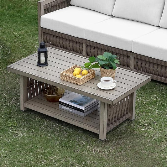Outdoor Coffee Table, Aluminum Rope Weave Patio Coffee Table, Weatherproof Outside 2-Tier Rectangle Outdoor Patio Furniture for Garden, Pool, Outside, Decks, Gray Oak