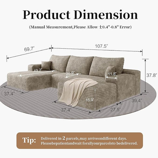 107.5" Compressed Boneless Couch with Ottoman, 2 Seater Large U Shaped Sectional Couches for Living Room, Camel Corduroy Cloud Modular Sectional Sofa, Memory Foam, No Assembly,Light Facing Chaise