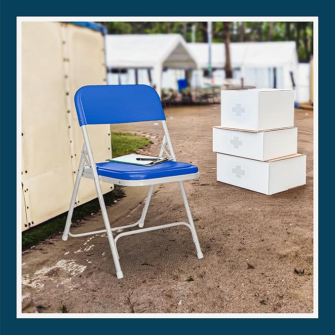 OEF Furnishings OEF800 Series Premium Heavy-Duty Plastic Folding Chairs, Lightweight, Durable Seating for Indoor and Outdoor Use, 500 lb Capacity (4-Pack, Blue Plastic with Gray Frame)