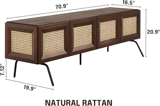 NTC Mossic TV Media Cabinet with 4 Doors for TVs, Entertainment Center with Natural Rattan, Metal Legs, Modern Storage Console for Living Room and Bedroom, Effortless Assembly, Dark Walnut