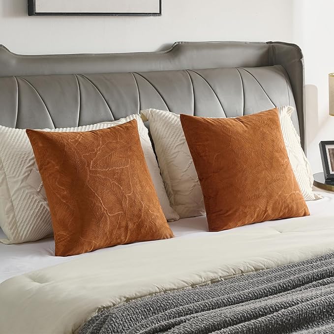 FUTEI Rust Velvet Throw Pillow Covers 26x26 Inch Set of 2,Soft Embossed Leaf-Relief Textured Euro Pillow Shams,Natural Home Decor for Couch Living Room