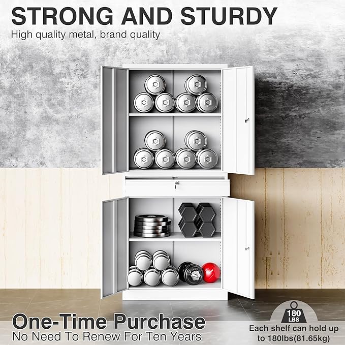 SISESOL White Metal Storage Cabinet with Drawer and Locks,Garage Storage Cabinet with Locking Doors and Adjustable Shelves,71" Tall Large Metal Cabinets with Magnetic Door for Home,Office,Garage