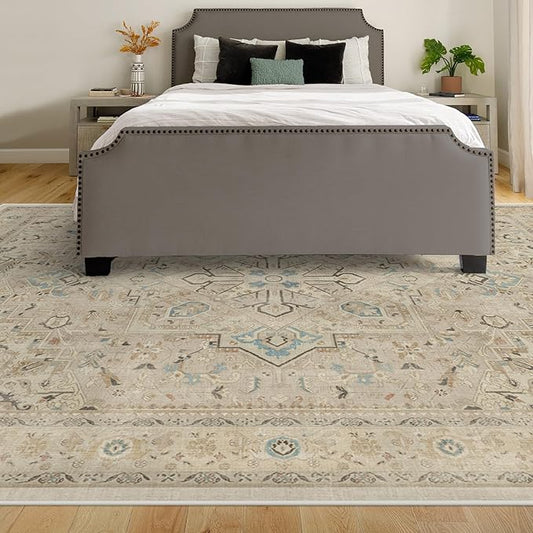 RUGGABLE Washable Vintage Area Rug – Kamran Ivory Opal 8x10, Stain-Resistant, Non-Slip – Large Machine Washable Rugs for Living Room, Bedroom, Hallway, Entryway & Office–with Standard Pad