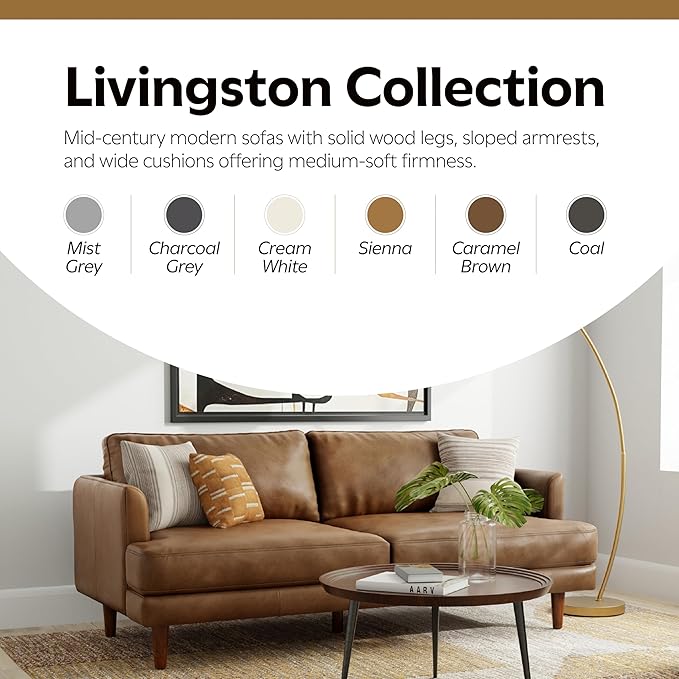 SIMPLIHOME Livingston 76-inch Wide Sofa in Caramel Brown Top Grain Genuine Leather, Handcrafted Mid-Century Modern Loveseat for Living Room, Compact 2-Seater with Feather-Wrapped Cushions