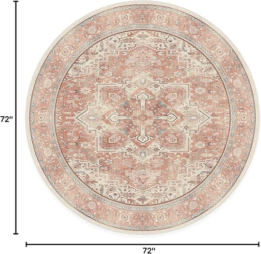 RUGGABLE Washable Area Rug – Kamran Rose Pink 6 ft Round, Stain-Resistant, Non-Slip – Medium Machine Washable Rugs for Living Room, Bedroom, Hallway, Entryway & Office–with Cushioned Pad