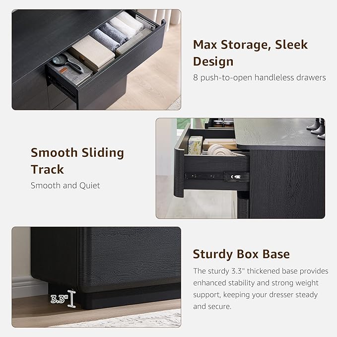 ACCOHOHO Modern Bedroom Set, 3 Pieces Bedroom Furniture Set, Wood 8 Drawer Dresser and Nightstands Set of 2, Chest of Drawers Wide Storage Organizer Cabinet for Bedroom,Black