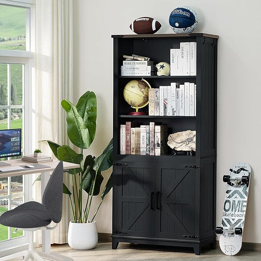 70in Tall Bookshelf 5 Tier Bookcase with Barn Doors and Adjustable Shelves, Black Farmhouse Book Shelf with Storage Cabinet, Wood Freestanding Display Bookshelves for Bedroom, Kitchen (3PCS)