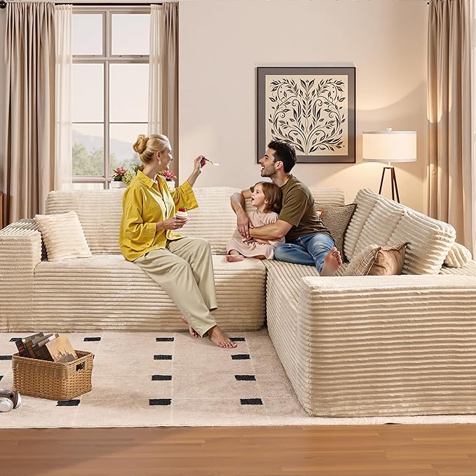 Weaxty Cloud Sectional Couch for Living Room, Oversized L Shaped Boneless Couches, Plush Corduroy Memory Foam Deep Seat Floor Sofa, No Assembly Required,Beige