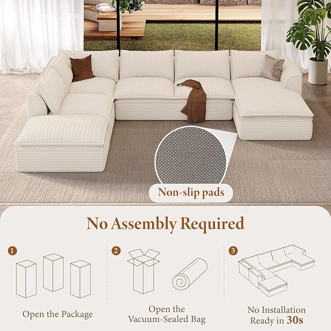 Vesgantti 141.7" Oversized Sectional Boneless Couch, 7 Seater Modular Sofa with Chaise & Ottoman & Armrest, Deep Seat Plush Corduroy Cloud Couches for Living Room, No Assembly Required, Beige
