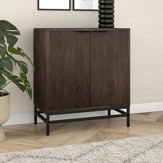 Henn&Hart 28" Fluted Wooden Accent Cabinet, Modern Ribbed Sideboard Buffet Cabinet with 2 Doors and an Adjustable Shelf for Living Room, Dining Room, Bedroom or Entryway, Alder Brown