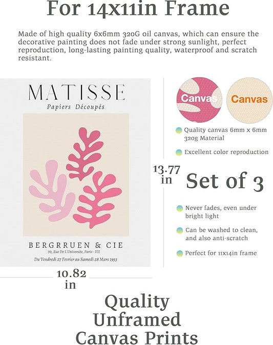 Matisse Art wall Décor Set of 3,Unframed sage Pink wall art,Truly Quality Canvas Prints for 11x14in,Art poster decoration for kitchen, bathroom,living room,bedroom