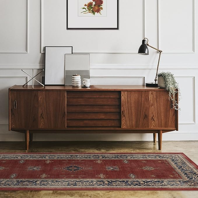 RUGGABLE Washable Vintage Area Rug – Verena Amber Red 8x10, Stain-Resistant, Non-Slip – Large Machine Washable Rugs for Living Room, Bedroom, Hallway, Entryway & Office–with Cushioned Pad