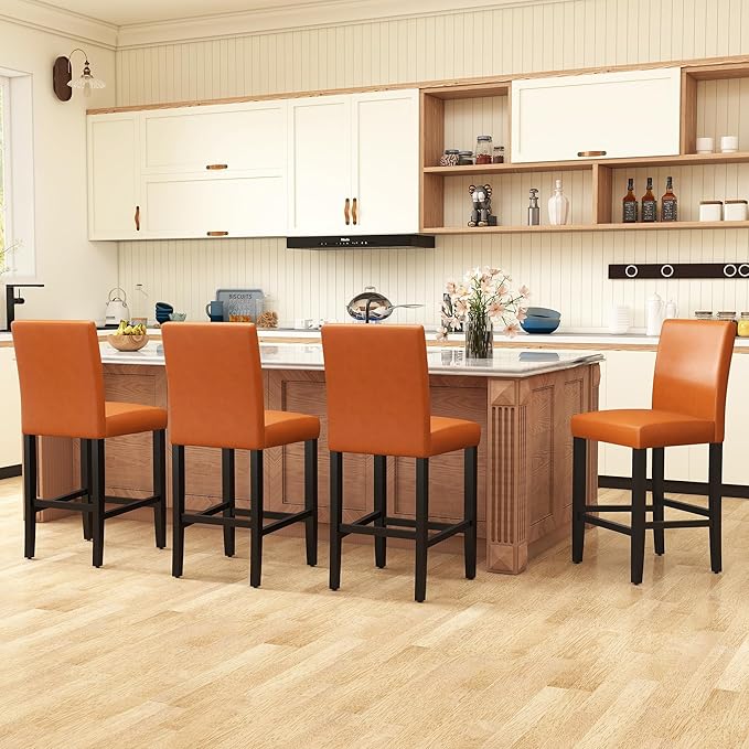 LSSPAID Counter Height Bar Stools Set of 2, 24.8 Inch Upholstered PU Leather Barstools, Modern Kitchen Island Chairs with Backrest and Solid Wood Legs, Light Brown