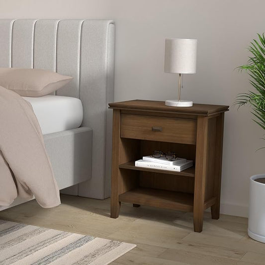 SIMPLIHOME Artisan Bedside Table - 24 inch Wide Solid Wood Nightstand Table in Rustic Natural Aged Brown, Contemporary Bedroom Side or End Table with 1 Drawer, Open Shelf Storage and Bronze Knobs