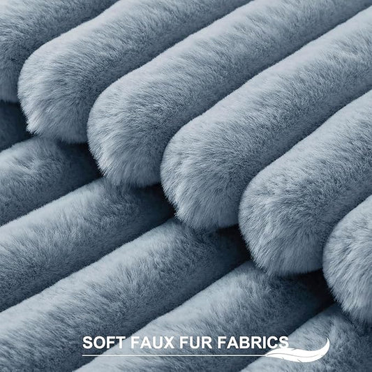 Pallene Faux Fur Plush Throw Pillow Covers 18x18 Set of 2, Luxury Soft Fluffy Striped Decorative Pillow Covers for Sofa, Couch, Living Room, Blue Grey