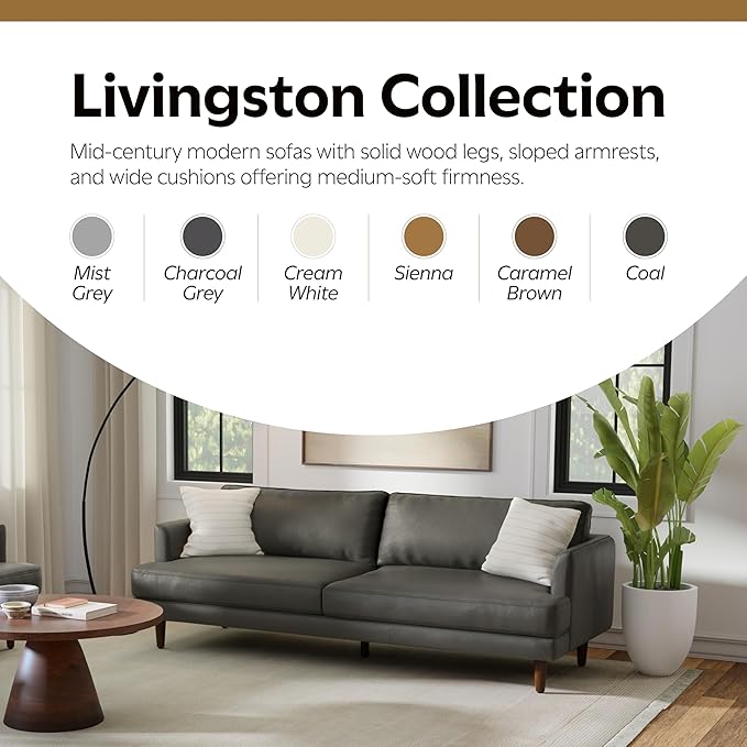 SIMPLIHOME Livingston 90-inch Wide Sofa in Coal Top Grain Genuine Leather, Handcrafted Mid-Century Modern Couch for Living Room, Large 3-Seater with Feather-Wrapped Cushions and Solid Wood Frame