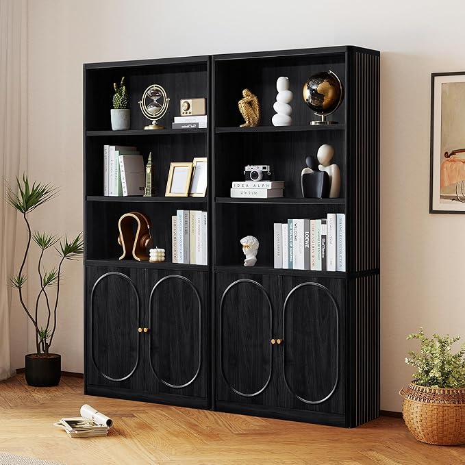 70.8" Tall Fluted Bookshelf with Storage Cabinet, Modern 5-Tier Wood Bookcase with Open Display Storage Shelf, Gold Handles for Office Living Room (Black)