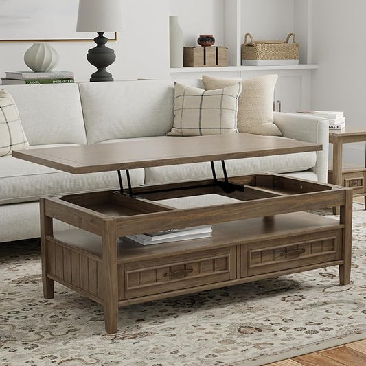 SIMPLIHOME Lev Lift Top Coffee Table - 48 inch Wide Solid Wood Rectangle Living Room Table in Smoky Brown, Transitional Cocktail Table for Family Room with Hidden Storage and Open Shelf