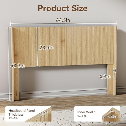 Wood Headboard, 64.5" Wide Headboard for Queen Size Bed, Wall Mounted Fluted Panel, Wingback Modern Headboards,(Oak,Queen)