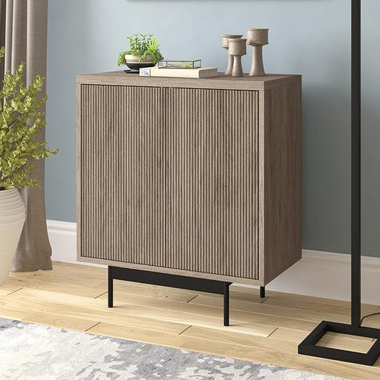 Henn&Hart 28" Fluted Wooden Accent Cabinet, Modern Ribbed Sideboard Buffet Cabinet with 2 Doors and an Adjustable Shelf for Living Room, Dining Room, Bedroom or Entryway, Antiqued Gray Oak