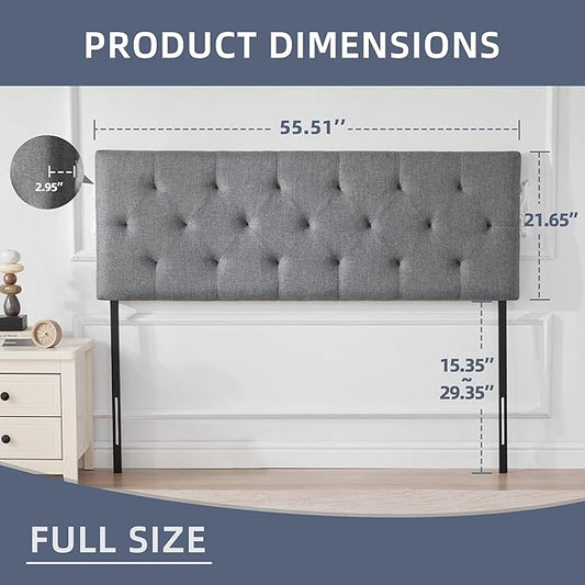 Linen Upholstered Headboard Full Size, Modern Diamond Tufting Solid Wood Full XL Headboard Only, Adjustable Height from 37β to 51β Head Board, Bed Frame or Wall Mount Headboards, Light Grey