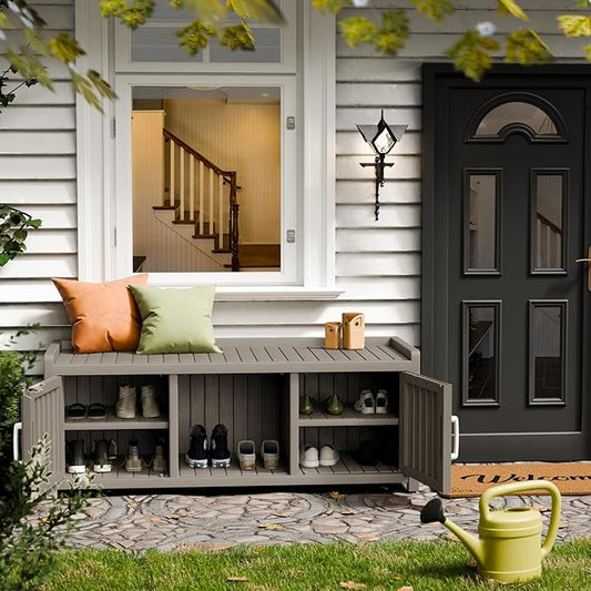 Storage Bench - Waterproof Resin Shoe Bench with Adjustable Shelves - Indoor & Outdoor Use, 2 Doors Entryway Bench with Hidden Storage Space - Storage Cabinet for Bedroom, Hallway, Grey