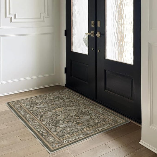 RUGGABLE x Morris & Co Machine Washable Area Rug – Strawberry Thief Stone Gold 3x5, Stain-Resistant, Non-Slip – Small Rugs for Living Room, Bedroom, Hallway, Entryway & Office–with Cushioned Pad