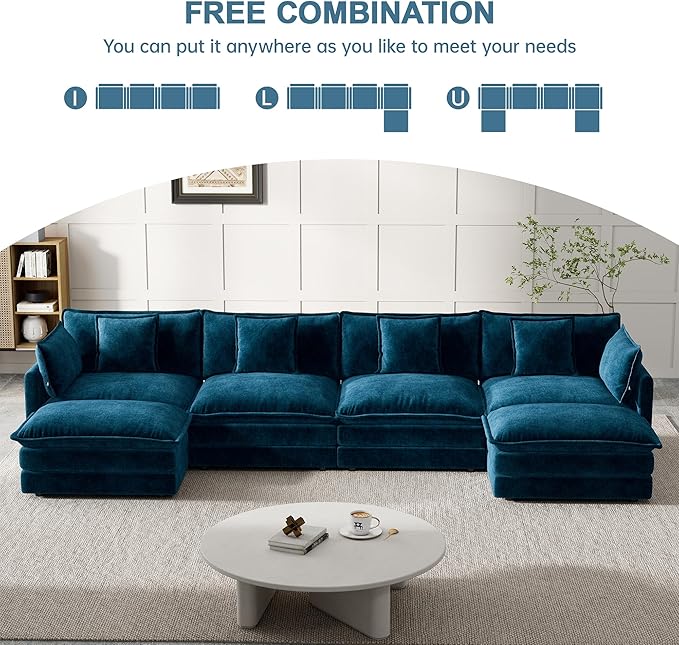Modular Sectional Sofa, 146.5 Inch U-Shaped Cloud Sofa with Deep Seat Chenille Sofa with Cushions, Four Seater Sectional Sofa for Living Room Apartment,Blue