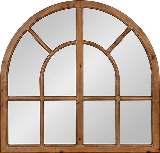 Kate and Laurel Boldmere Modern Farmhouse Wide Windowpane Arched Mirror; 30 x 29; Rustic Brown; Decorative Vintage Inspired Window Mirror for Farmhouse Wall Decor