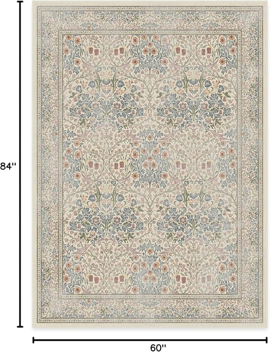 RUGGABLE x Morris & Co Washable Area Rug – Blackthorn Ivory Blue 5x7, Stain-Resistant, Non-Slip – Medium Machine Washable Rugs for Living Room, Bedroom, Hallway, Entryway & Office–with Cushioned Pad