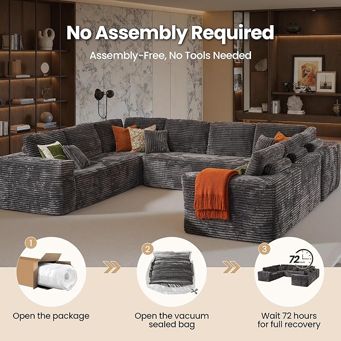 Cloud Sectional Couch with Loveseat, Boneless U-Shaped Cloud Couch with Deep Seat, Soft Plush Modern Minimalist Sofa, Assembly Free Modular Floor Sofa for Office Living Room Apartment, Grey