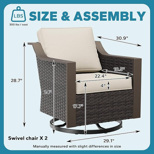 Patio Metal Swivel Chairs Set of 2, Wicker Conversation Furniture Set, Upholstered & 360 Degree Glider Rockers Armchairs, PE Rattan, Metal armrests, Terrace (Beige and Brown Stripe)